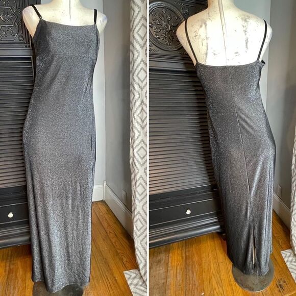 Vintage 90s City Triangles Y2K Sparkle Slinky Long Formal Dress Metallic‎ Gray S - Picture 1 of 8